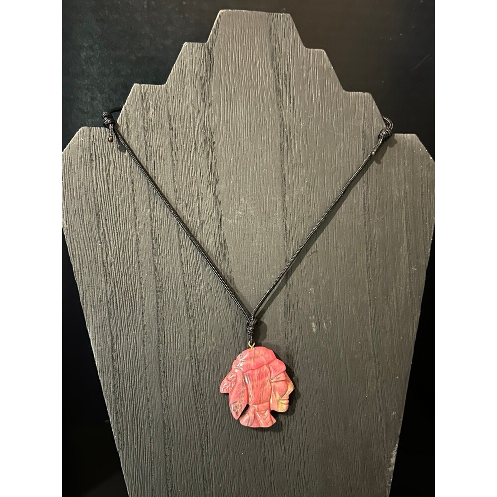 Carved Rhodonite Native American Head Pendant Necklace